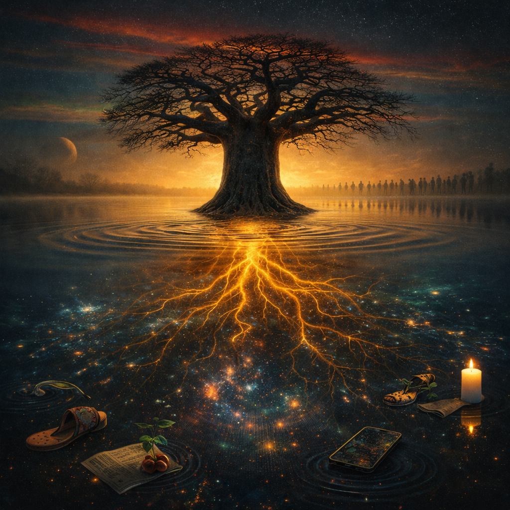 Rivers & Roots album cover - cosmic tree with roots reflecting in water